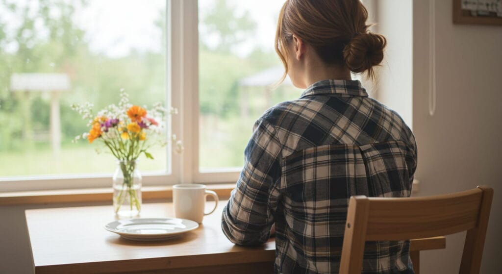 Mujer con camisa a cuadros sentada junto a una ventana mirando al exterior, con flores frescas y una taza sobre la mesa.