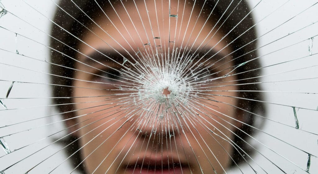Primer plano de un vidrio roto con el rostro de una persona visible detrás, simbolizando fragilidad y profundidad emocional.